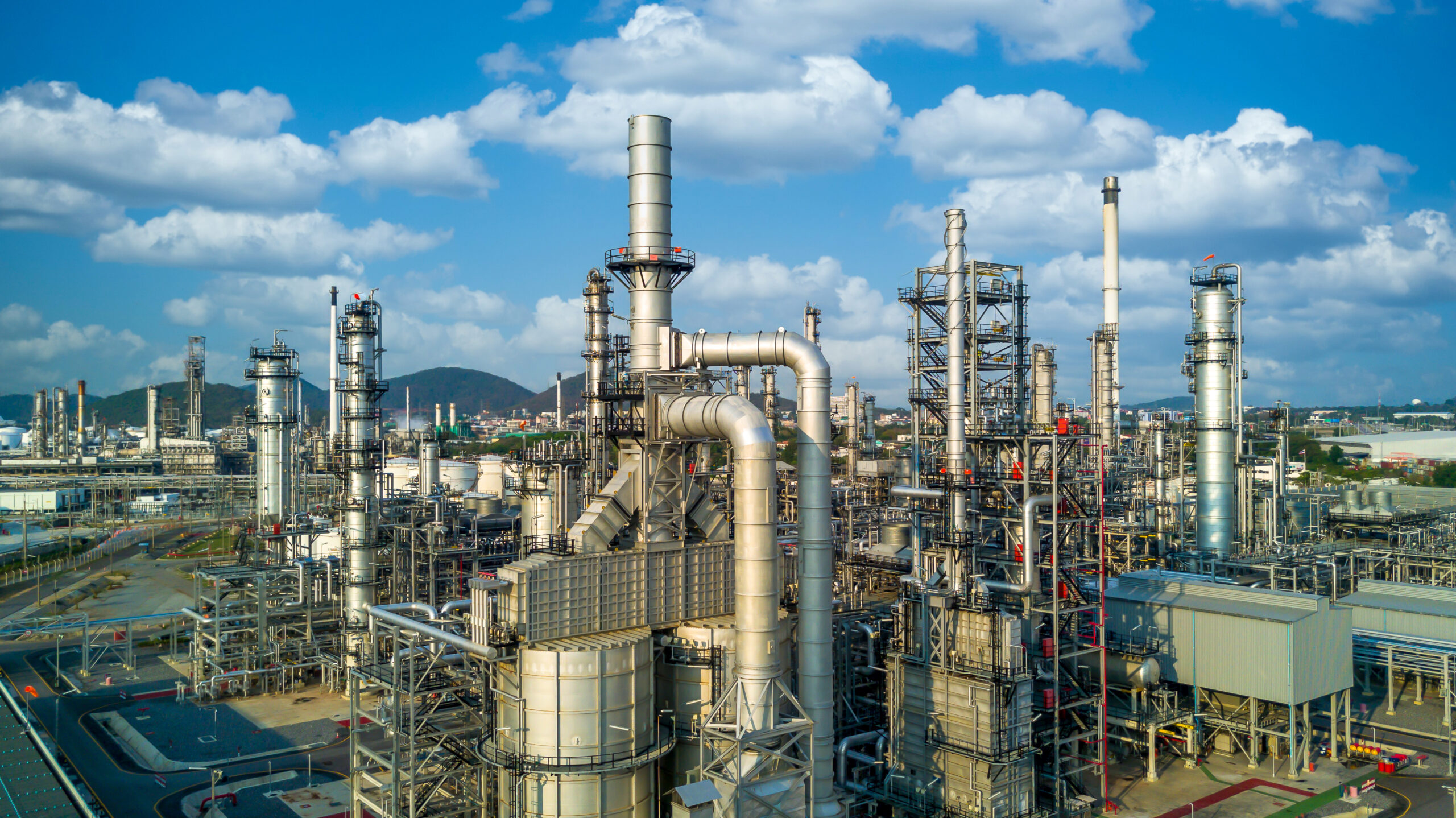 Aerial view oil refinery plant from industry zone, Oil and gas p